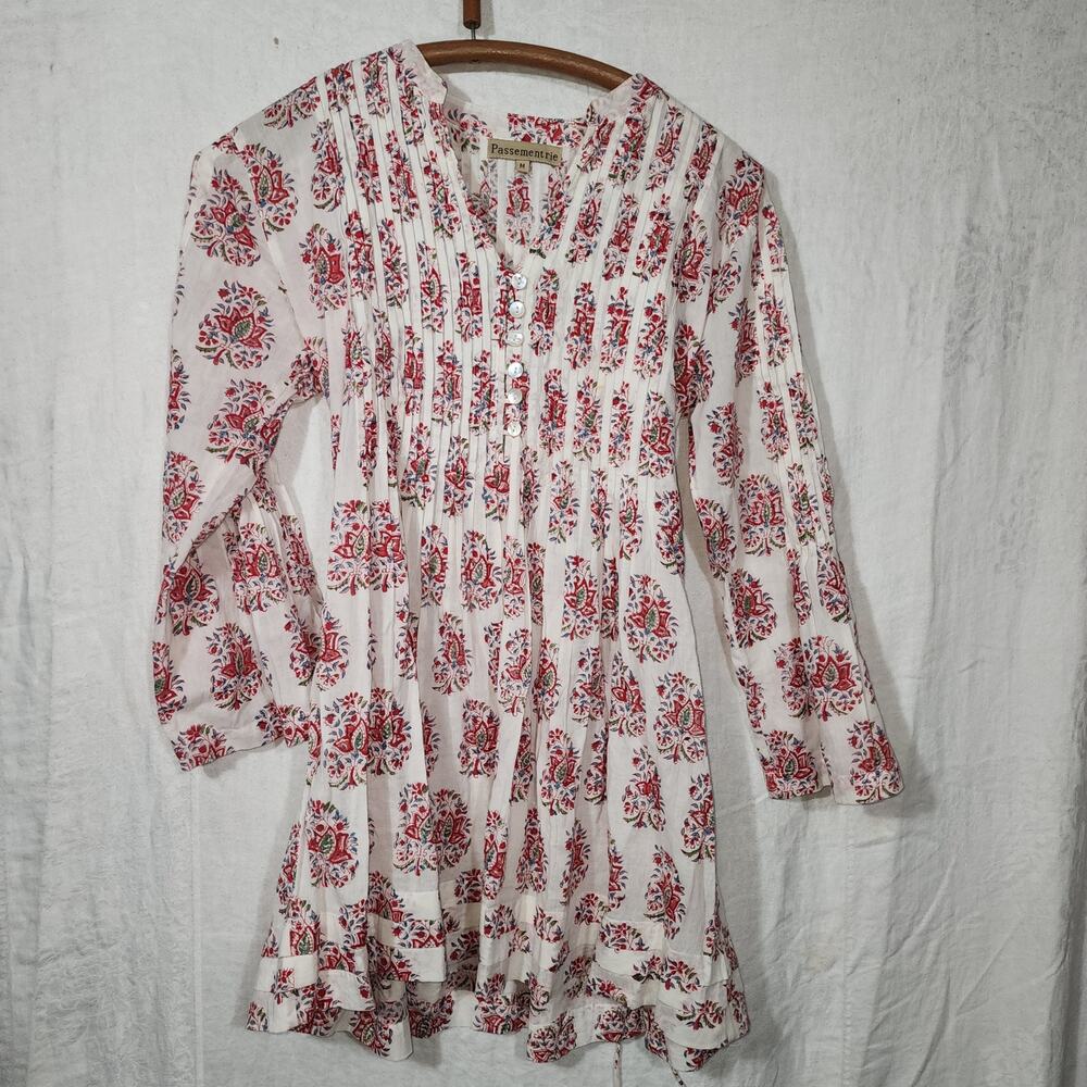 PASSEMENTRIE sz M Boho Tunic Top 100% Cotton Button Front Pintuck Pleats